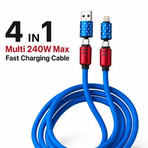 4-in-1 Electronic Wired Fast Charging & Sync Cable (3.3ft/6.6ft), American Flag Inspired Red White Blue iPhone Charger Cord with Durable Metallic Connectors, Soft Flexible Thick USB-A to Lightning/Type-C for iPhone/iPad - Home, Car Use