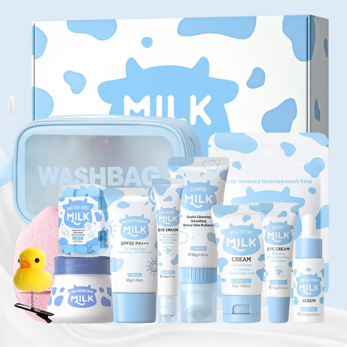 Milk Skincare Set, Moisturizing Skin Care Kit, Body Care Sets, Body Beauty Set, Including Cleanser, Eye Cream, Moisturizer, Sunscreen, Soap Bar, Facial Puff, Hair Clip, Cosmetic Bag, Travel Kit, Comfort