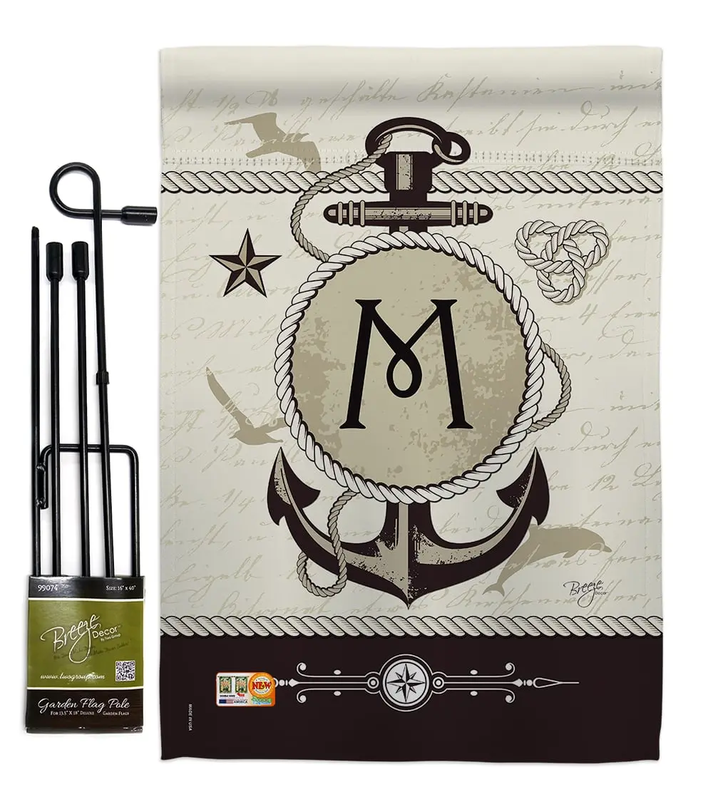 Breeze Decor BD-NA-GS-130195-IP-BO-D-US14-BD Vertical Decorative Nautical M Initial Double-Sided Garden Flag Set, 13"x18.5", with Banner Pole, Indoor-Use, Soft Fabric, 1.09 lbs, Weatherproof, Fade Resistant Coastal Garden Decor, 13X18.5"