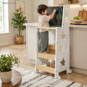 3-in-1 Wooden Toddler Tower - Foldable Kitchen Helper Stool with Blackboard, for 1-3 Year Old Kids, Ideal Gift for Boys and Girls