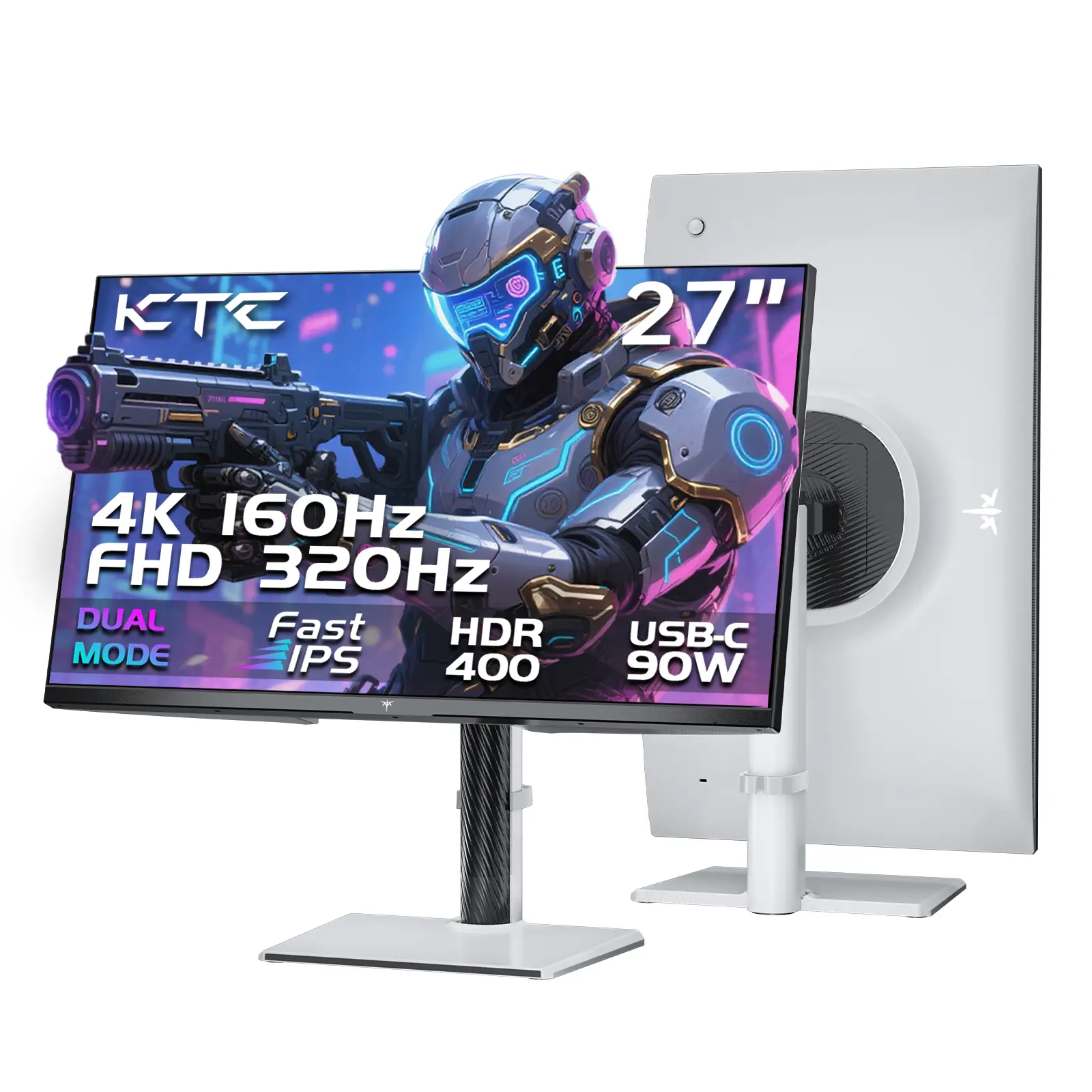 Ktc 27" 4K Gaming Monitor with IPS Screen, 4K UHD Resolution Dual Mode (160Hz) & FHD (320Hz), LOGO RGB Light, HDR400, Adaptive Sync, 90W Type-C, HDMI 2.1, DP 1.4, Height Adjustment, VESA, KVM Support, Model H27P6