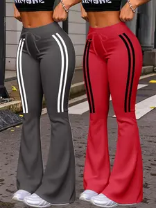 Women's Casual Everyday Fashion Wide Leg Pants, Bottoms, Striped Pattern, Milk Silk Yoga Pants, Activewear, Sportswear, Athletic, All Seasons Wear, Adjustable Drawstring Waist, Fit, Trouser