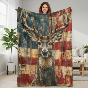 Deer Flannel Blanket  Rustic American Flag Antler Print  Soft Cozy Warm Lightweight Throw for Sofa Bedroom Cabin Camping Holiday Gift Home Décor summerwins