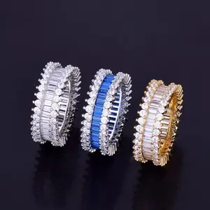 [ICE HUE] 18K Gold Vacuum Plated Copper Squared-Off Corner Ladder Ring with 5A+ Sri Lanka Zircon, Hip-Hop Inspired, Luxury Unisex Costume Jewelry for Daily Wear, Gift Idea, Classic Simple Sporty Style