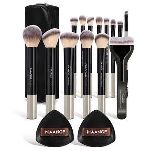 MAANGE Professional Makeup Brush Set– 14 Brushes + 2 Puffs + Storage Bag, Multifunctional & Beginner-Friendly for Powder, Liquid & Cream
