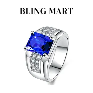 Blue Zircon Men's Promise Metal Ring - Fashion, Geometric-Shaped, Block Shape, Adjustable Fitted Rings for Wedding Anniversary, Birthday Gifts, Fashion Rings
