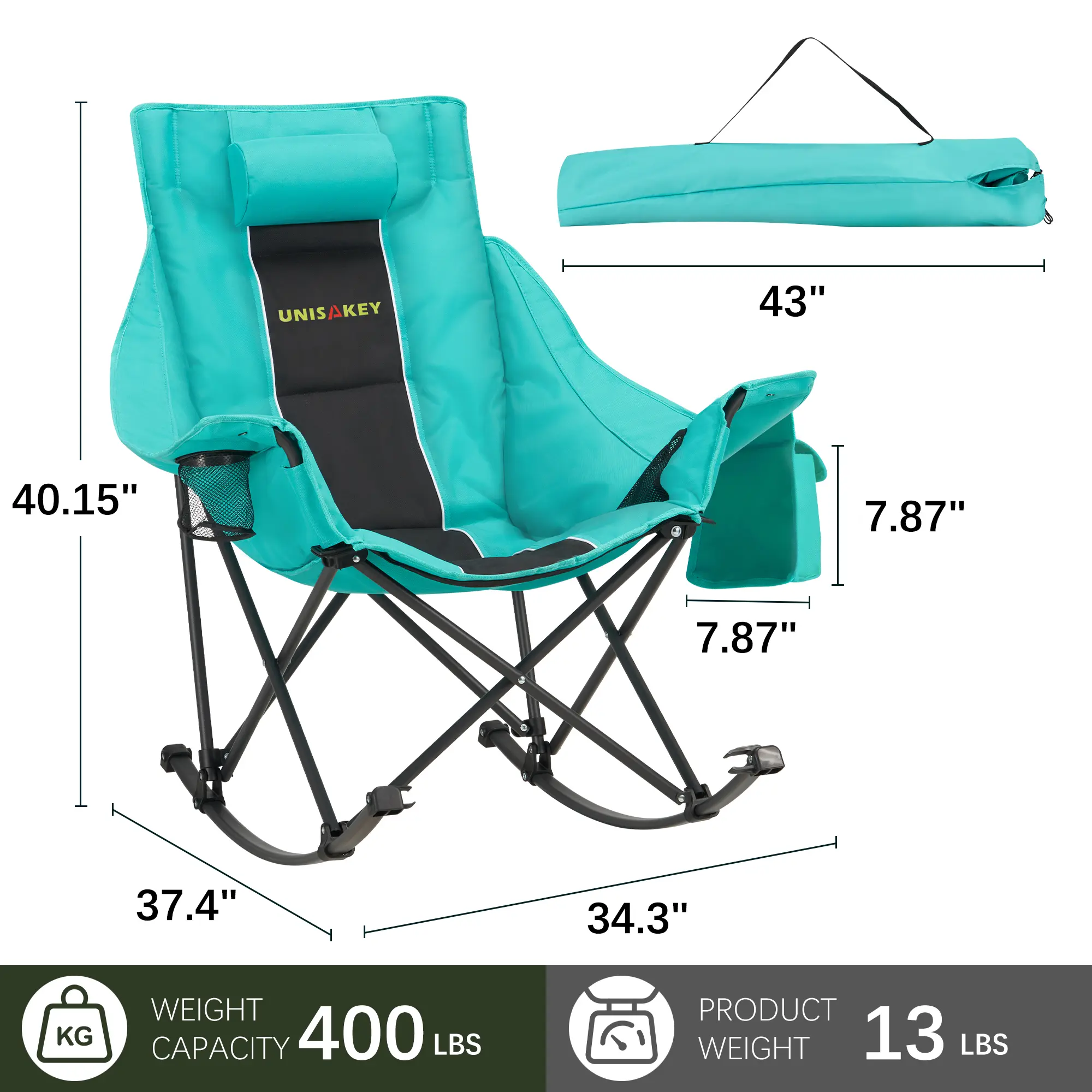 AHB Oversized Rocking Camping Chair - 400lbs Capacity, 600D Oxford Fabric, Large Size with Headrest & Cup Holder, Easy Fold Portable, Rugged Use, Premium Outdoor Chair, for Backyard, Beach, Green summervibes Furniture, Outdoor Folding Chairs homeessential