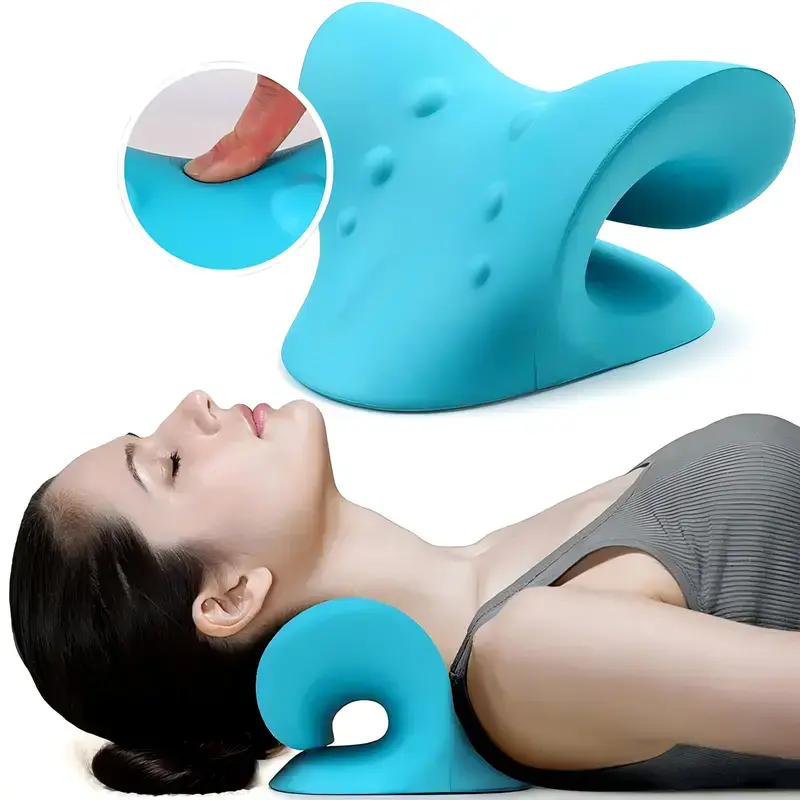 Functional V-Curve Neck Stretcher with Foam Base - Body Care Manual Massage Cervical Traction Device Pillow for Adults, 13 Ways Stretching, Daily 10-Minute Care & Neck Support (Blue) Tool