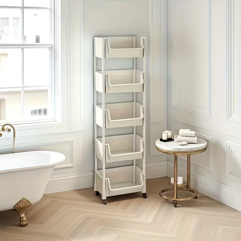 5-Tier Storage Cart Shelf with 4 Swivel Casters for Flexible Mobility, Suitable for Multiple Scenes Like Bedroom, Living Room, Kitchen, Bathroom, and Balcony. A Freestanding Organizer for Dorms, Rental Units, and Small Apartments. Large-Capacity
