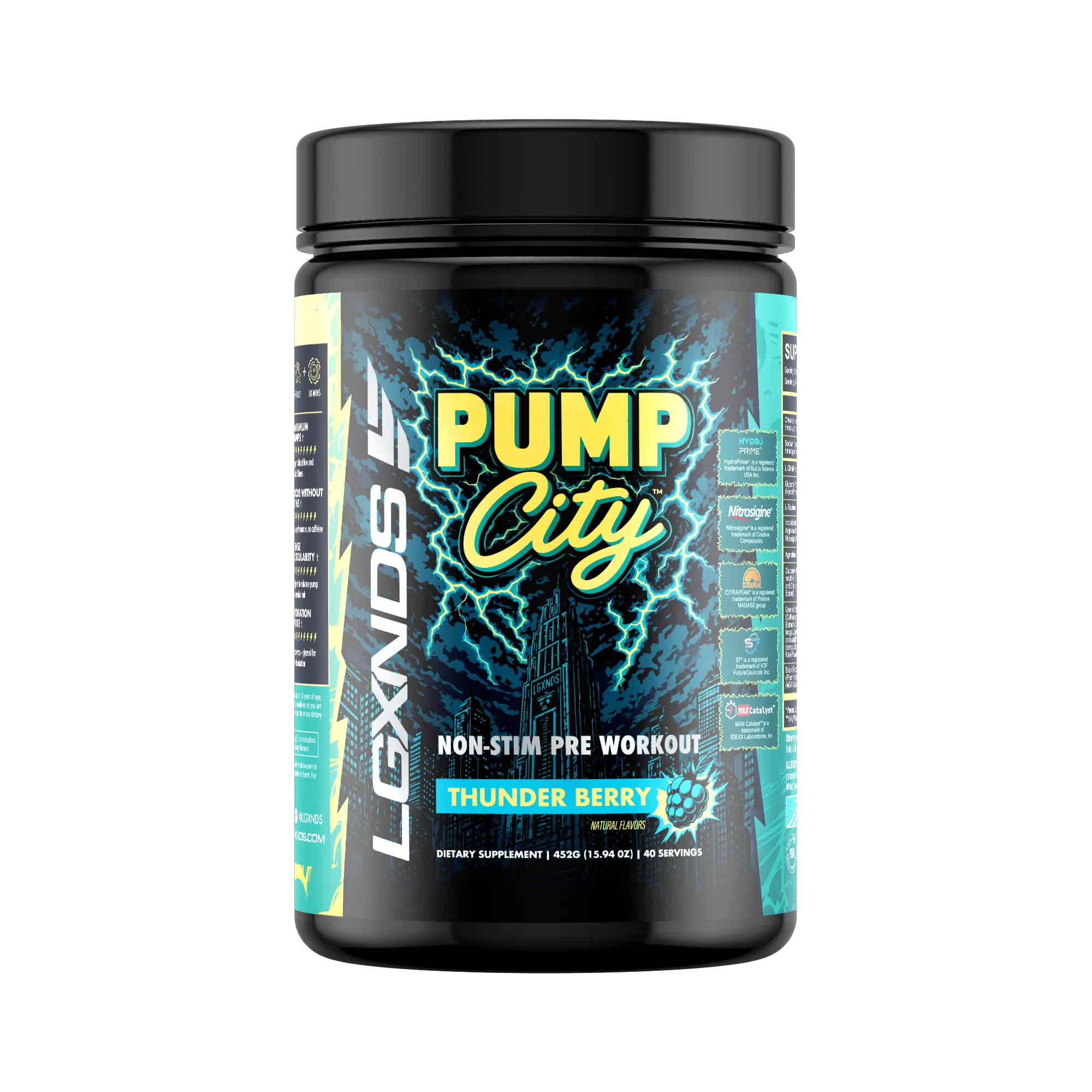 LGXNDS Pump City Non-Stim Pre-Workout Powder | HydroPrime Nitrosigine CitraPeak S7 and MaxCatalyst | Nitric Oxide Pump and Hydration Support | Available at Prime Sports Nutrition