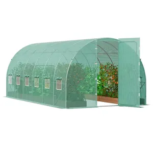 VEVOR Walk-in Tunnel Greenhouse, 27.4x9.5x7.4 ft Hoop House Greenhouse Tunnel, Plant Hot House with Galvanized Steel Frame, Green PE Cover, Swing Door and 16 Roll-up Windows for Outdoor