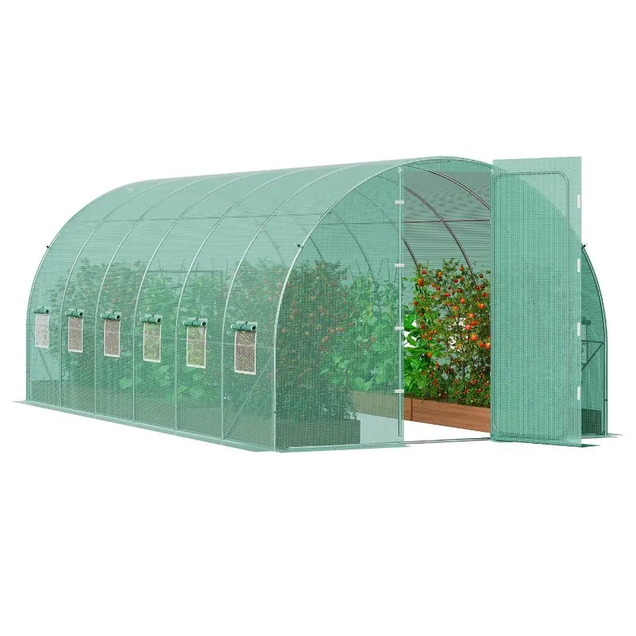 【DealsForYouDays】Modern Galvanized Steel Frame Walk-in Tunnel Greenhouse Plant Growing Set, 27.4ft Length 9.5x7.4ft Hoop House with Plastic Green PE Cover, Swing Door, 16 Roll-up Windows for Outdoor Natural Light Cultivation