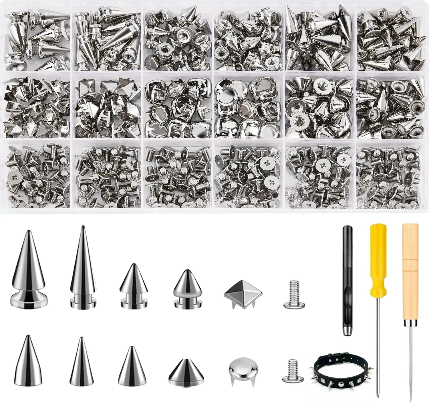 Craluuur 455PCS Punk Spikes and Studs Kit for Clothing, 12 Sizes Premium Metal Cone Spikes, Square Pyramid Studs & Round Dome Rivets for Leathercraft and Punk Style DIY Craft Decoration