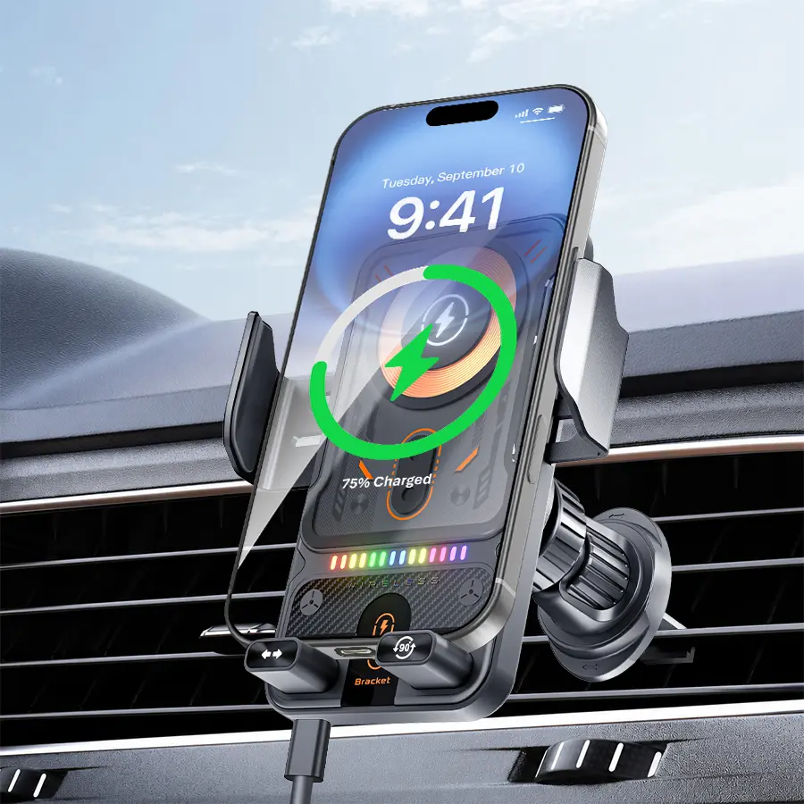 BiLOLLY 15W Wireless Car Charger & Phone Holder - Air Vent Auto-Clamping Auto Accessories, Smart Sensing, 1-Touch 90° Rotation, USB-C Powered, Induction Charging for 4-7.2in iPhone & Android, RGB Light, Wireless Car Adapter, Tools and Gadgets