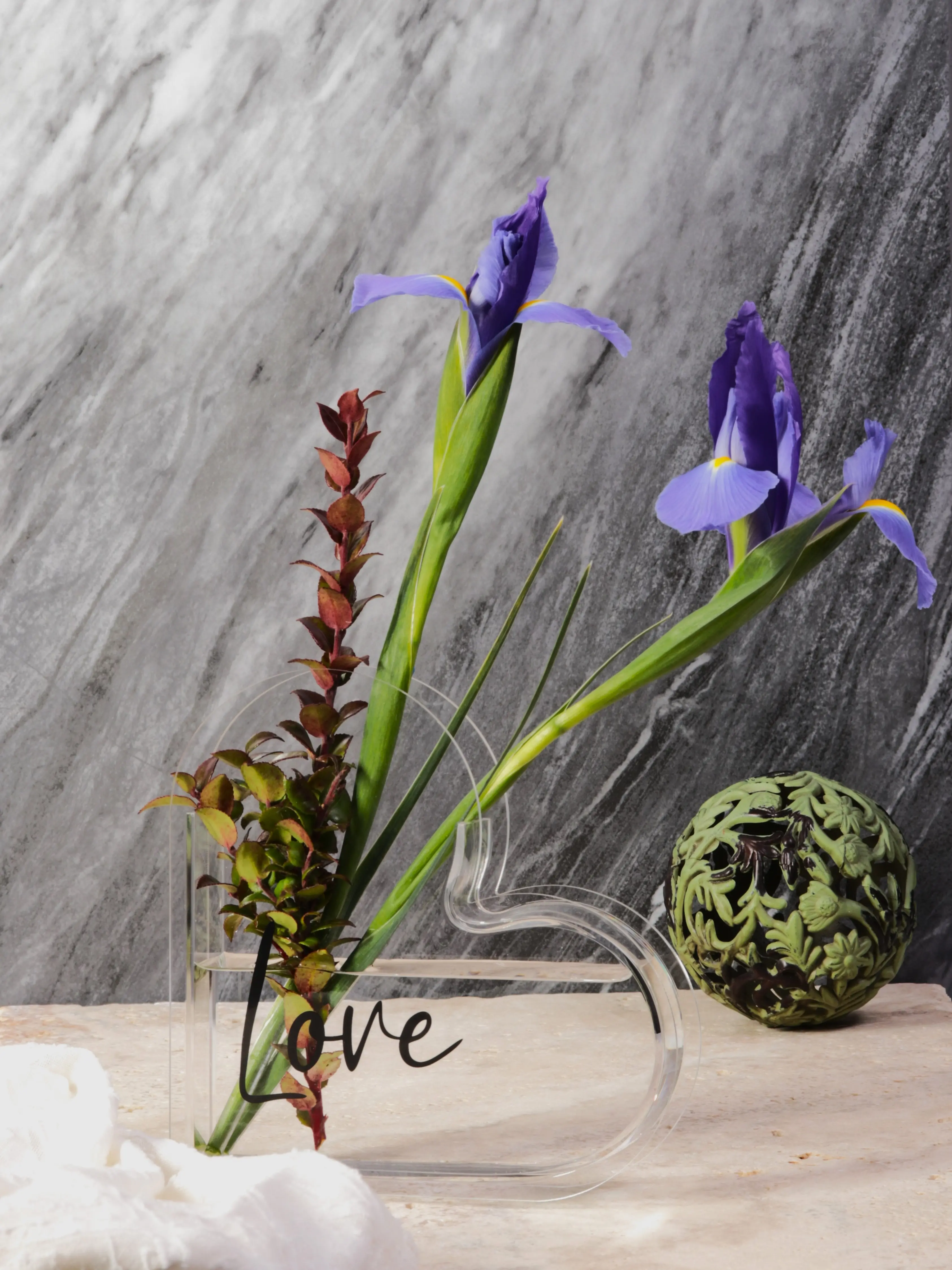Heart Shaped Flower Vase Acrylic Red or Clear  with Love Word Design