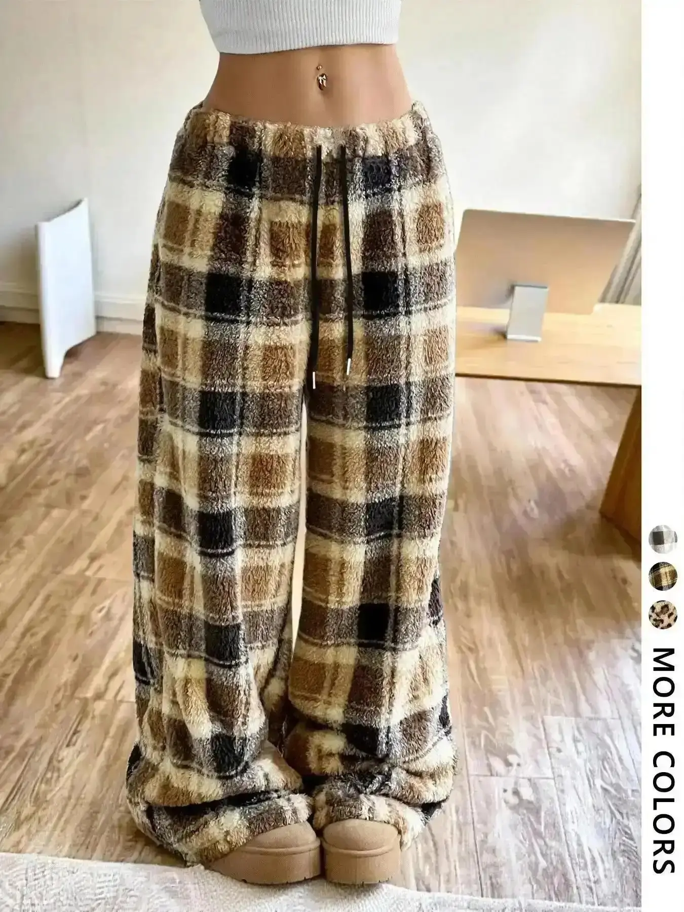 Trendy Casual Stretchy Pants, Plaid Flannel Sweatpants Leopard Print, Warm Fleece Lined, Drawstring Waist, Adjustable, Fit, Casual Streetwear, Hip Hop Dance School Style, Minimalist, Relaxed, Office Chic, Day