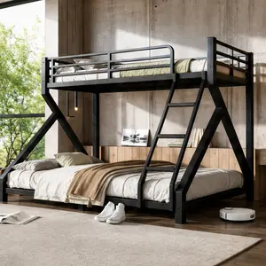 Twin XL-over-Queen Metal Bunk Bed with Ladder, 62.99" W X 82.68" D X 59.45" H, 83.78 lb, Low Profile Combo Item, Durable Black Finish, Full Upgraded Support Slats, Heavy Duty, No Box Spring Needed, Space-Saving for Kids/Teens, Assembly Required