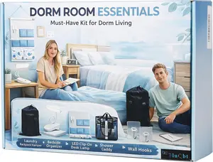 Dorm Room Essentials Set, 5-Piece College Dorm Essentials Kit for Girls & Guys, Laundry Backpack Hamper, Shower Caddy, Bedside Organizer, LED Light, Removable Wall Hooks BluQbt