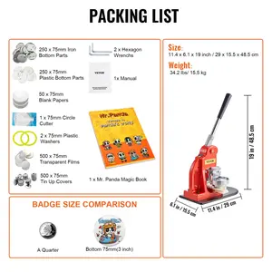 VEVOR Button Maker Machine, 75 mm (3 inch) Badge Punch Press Kit, Children DIY Gifts Pin Maker, Button Making Supplies with 500pcs Button Parts Circle Cutter Magic Book