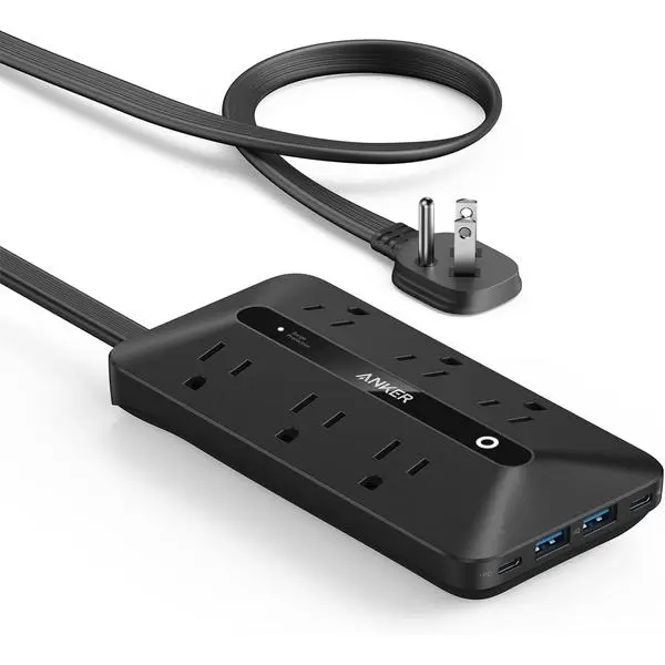 Anker Power Strip with 300J Surge Protector, Flat Plug Extension Cord with Multiple Outlets, 6 AC, 2 USB A & 2 USB C Ports for 20W, 5ft Outlet Extender, Dorm Room Essentials, Home Office