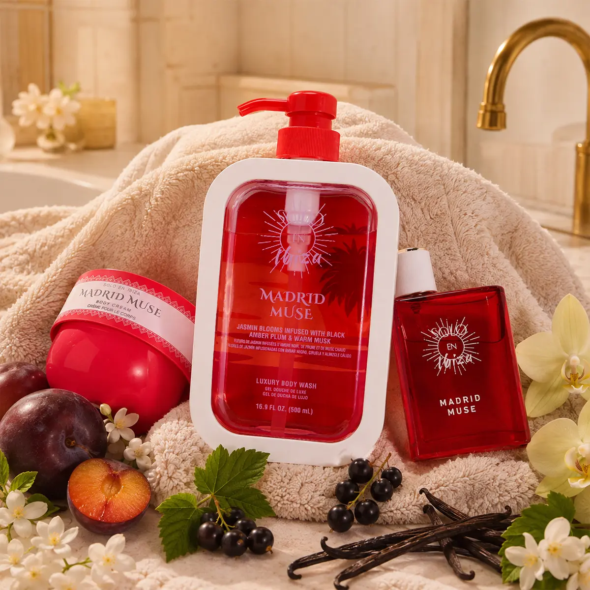 SOLO EN IBIZA Madrid Muse Deep Hydration 3-Piece Set for Dry Skin, 8 fl oz (236g) Body Cream + 3.4 fl oz (100ml) Eau de Parfum + 16.9 fl oz (500ml) Body Wash, Long-Lasting Plum & Vanilla Scent