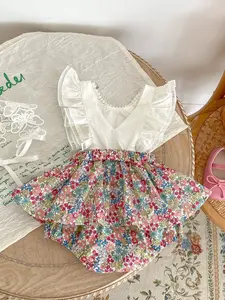 Summer Baby Girl Fly Sleeve Romper Set, Baby Clothing, Outfit, Two-Piece Fake, All-In-One Diaper Cover Jumpsuit, Crawling Clothes for Toddlers