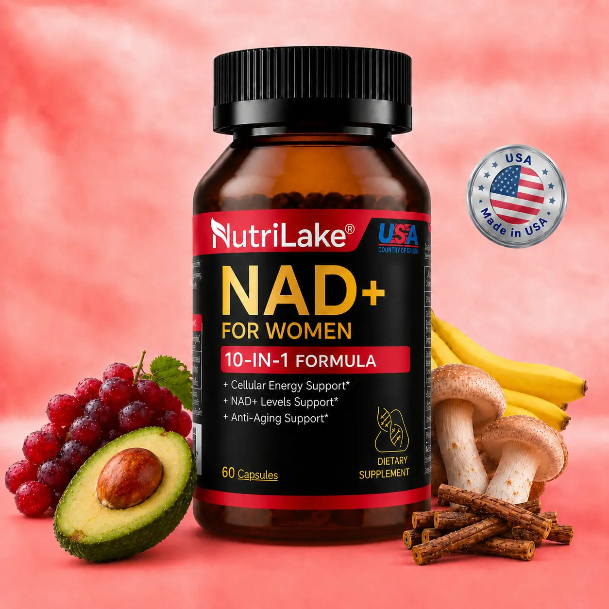 NutriLake NAD+ Supplements for Woman Anti-Aging ,Wrinkle Defense Capsules – Trans-Resveratrol,CoQ10,PQQ,Ergothioneine-Super Blend,Supports Cellular Health,Energy & Skin Revitalization – 60 Capsules Healthcare Nutrition Supplements