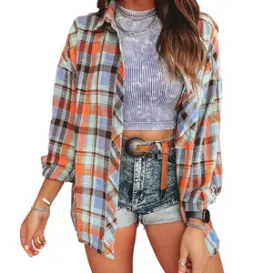 Mntaor Women's Winteroutfit Fashion Plaid Print Loose Vintage Shirt Blouse Long Sleeve Casual 100% Cotton Plaid with Classic Collar for All Seasons