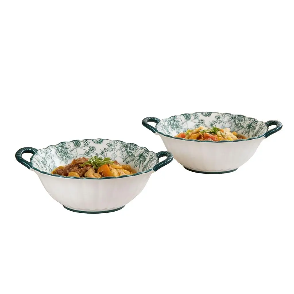 2 9-inch ceramic double ear soup bowls, Kitchen Bowls, French style, green rose pattern, suitable for holding fruit salad, meat soup and other foods, suitable for theme parties, microwave safe, dishwasher washable, Serving Bowls