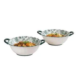2 9-inch ceramic double ear soup bowls, French style, green rose pattern, suitable for holding fruit salad, meat soup and other foods, suitable for theme parties, microwave safe, dishwasher washable, Serving Bowls