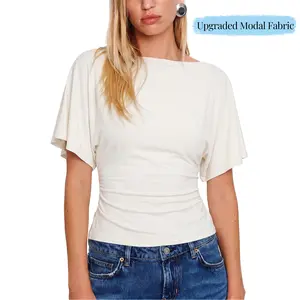 Hixiaohe Womens Summer Wrap Tops Casual Short Sleeve Tie Back Cinched Waist T Shirts Trendy Boat Neck Blouse