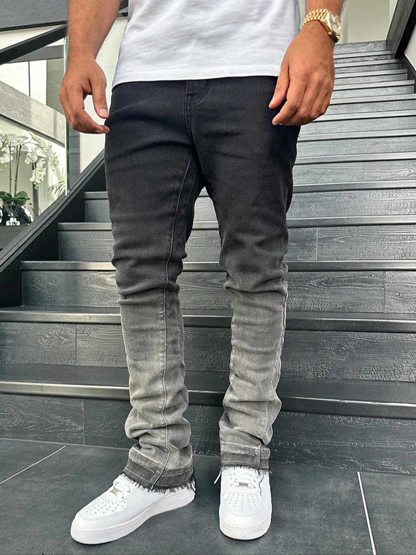 Men's Classic Slim Fit Elastic Straight Leg Denim Jeans, Vintage Washed Distressed Gradient Street Style, All-Season Fashion Pants, Streetwear
