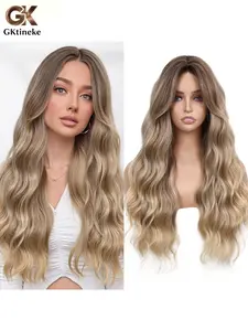 GKtineke Women's Long Natural Wave Medium Curl Wig, Gradient Ombre Blonde Wig, Loose Wave Wigs, 26 Inches, Synthetic Material, Heat Resistant, Daily Use, Fashion Wig