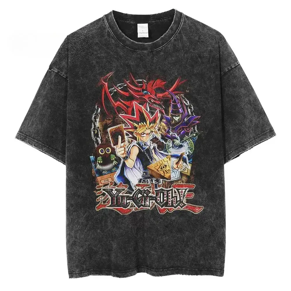 Men's Stylish Round Neck Short-Sleeve Oversized Yu-Gi-Oh T-Shirt - Vintage Anime Graphic, Acid Wash Streetwear, Heavyweight Cotton Harajuku Apparel, Unisex, Yugi Muto Slifer Sky Dragon Dark Magician Kuriboh Red Kanji Logo Menswear Top