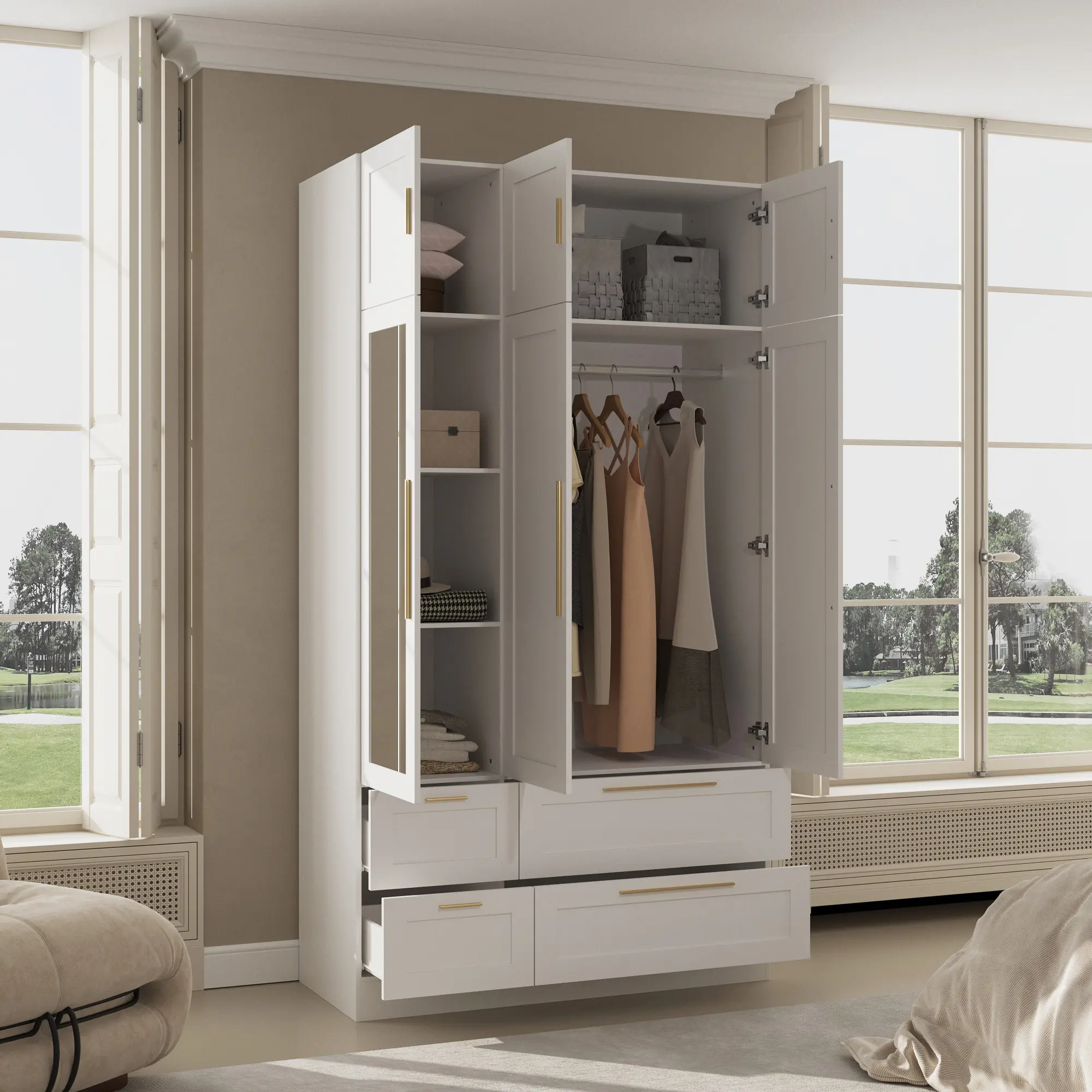 FUFU&GAGA White Single-Unit Wardrobe Armoire with Mirror Door, 86.7" Tall Bedroom Clothing Organizer, Hanging Rod, Top Cabinets & 4 Large Gold Metal Handles Drawers
