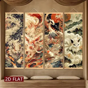 4 Counts Wooden Hanging Banner, Decorative Banner, Waterproof Banners, Retro Ukiyo-e style Divine Beasts, Exquisitely Decorated, Perfect Living Room, Office & Hallway Decor, HD, Artwork, Wall Decor Flags, Decoration