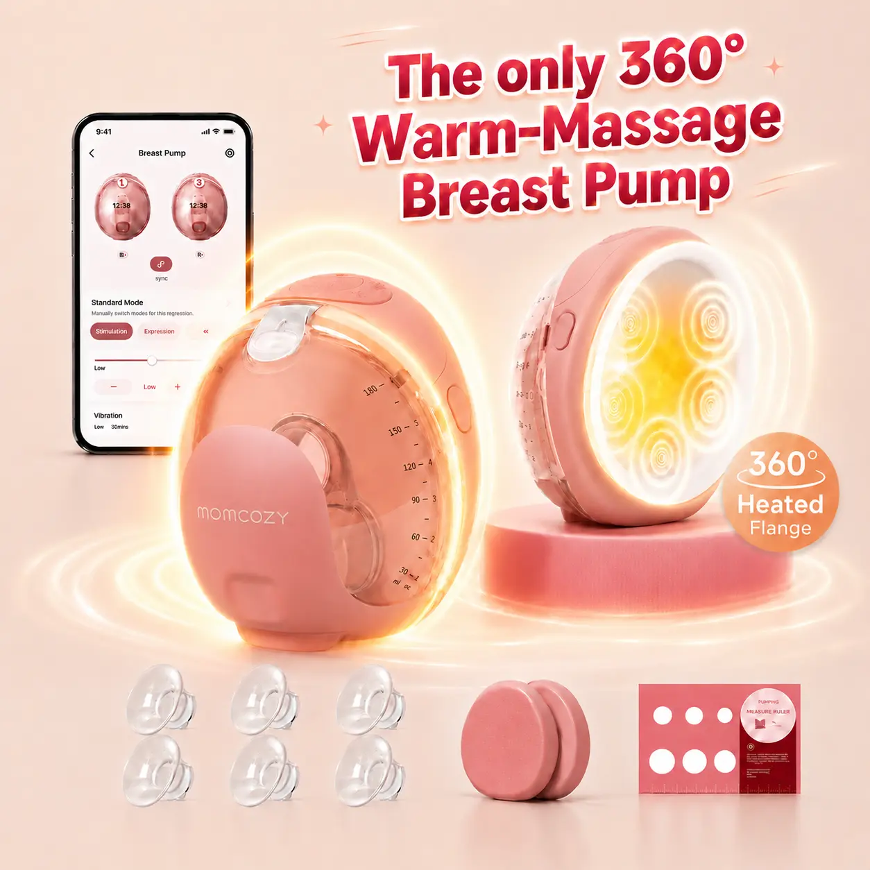 [Live Only] Momcozy Wellness 1 Wearable Breast Pump, Warm-Massage Hands-Free Pump with Heated Flange&Simulated Massage for Comfortable Breastfeeding&Let-Down, App-Controlled, 4 Modes 12 Levels, 180ml/6oz C