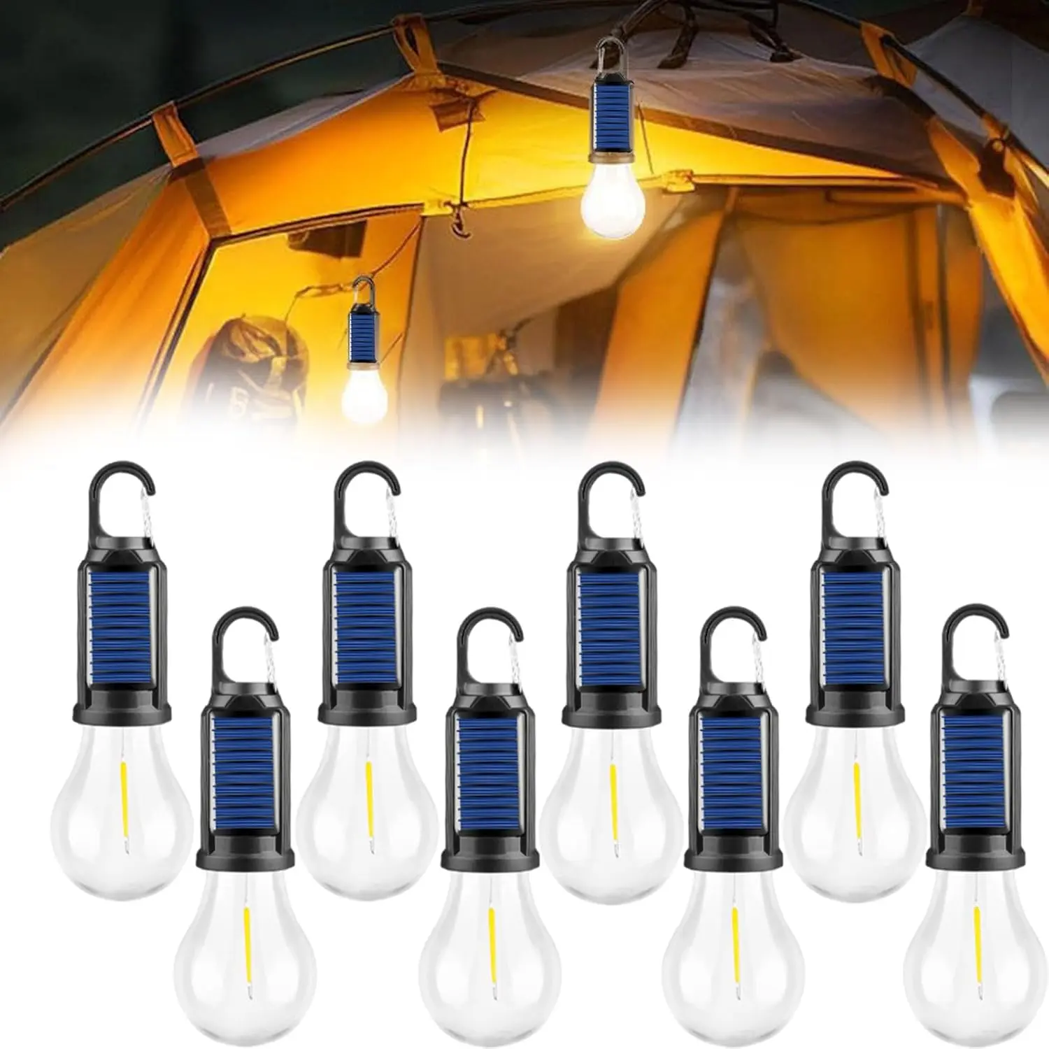 Solar Rechargeable Camping Tent Light, IPX4 Waterproof, Tungsten Filament Outdoor Emergency Light, Household Tungsten Filament Warm Light With Hook, Suitable For Outdoor Parties, Camping, Holiday Decorations, Anniversaries (2/4/6/8/10 Packs) tiktokshopspr