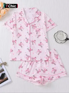 【Valentine's Day】Women's Sleepwear Loungewear Set, Casual Fitted Design, All-Over Cartoon Pattern, Comfortable Short Sleeve Top & Elastic Shorts, Perfect for Home Wear
