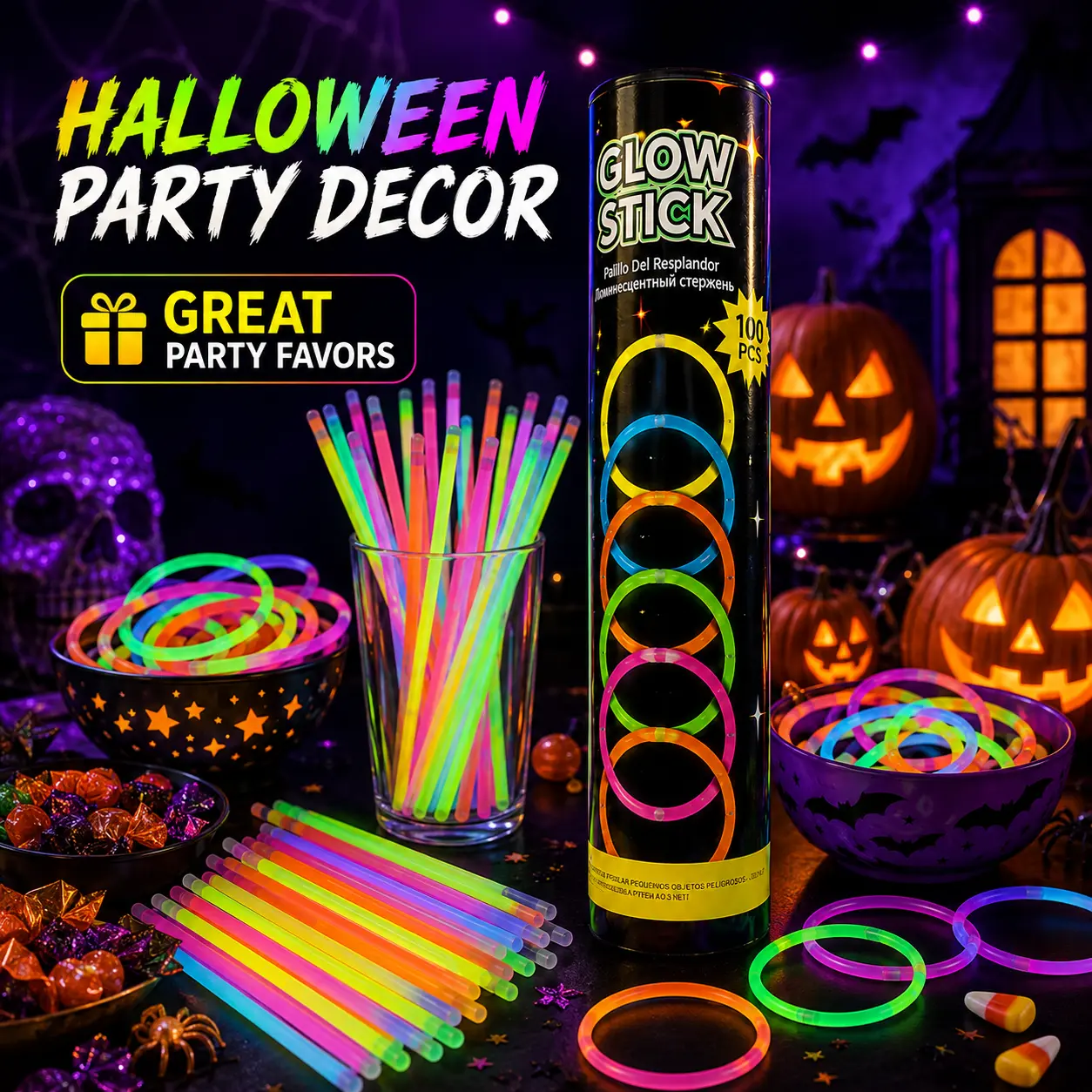 100 PCS Mixed Color Glow Sticks Bulk Pack, Neon Light Up Bracelets with Connectors, DIY Fluorescent Sticks, Halloween Party, Haunted House, Night Event & Festive Decor Supplies