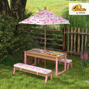 Qaba Kids Picnic Table, Wooden Outdoor Table & Bench Set with Removable Umbrella, Children Sand and Water Activity Table for Patio, Backyard, Gift for Boys Girls, Mixed Color