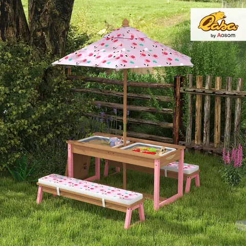 Qaba Kid-Size Wood Rectangular Outdoor Patio Furniture Dining Table & Bench Set, with Removable Umbrella, Sand-Water Activity Kit, Garden Backyard Use, Gift for Children