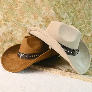[Polyester Cowboy Hat] Lightweight Polyester Western Cowboy Hat - Solid Color, Stiff Brim, Bull Head Accent, Elegant Stage Hat - Non-Elastic, No Feather, Gift for Friends, Ladies Fashion Accessories