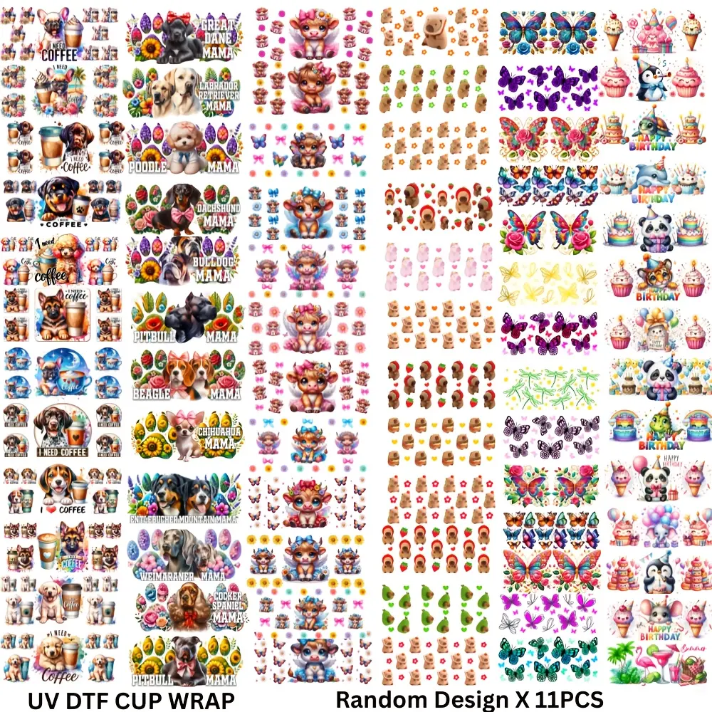 11 Random Pattern UV DTF 16 Oz Cup Sleeves, 3D Transfer Stickers for Mugs Bottles Glassware, High Quality Animal Patterns DIY Craft Kit, Sticker Packs