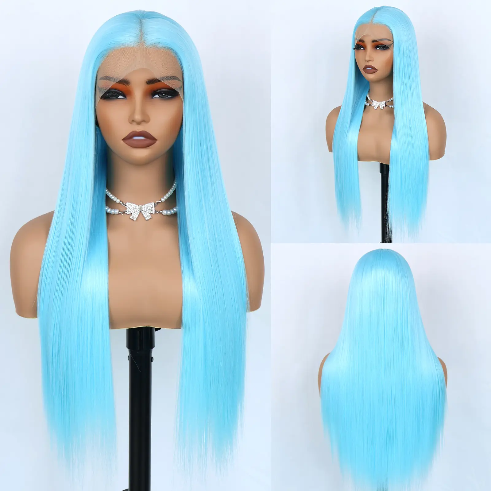 Aodbar 13x4 HD Transparent Lace Front Synthetic Wig, 28-Inch Lake Blue Long Straight Wig, Pre-Plucked Natural Hairline, Glueless Heat-Resistant Fiber for Cosplay, Halloween, Synthetic Wigs