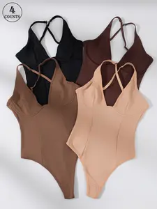 4 pack solid color high-quality high-elasticity cross-back shapewear with underwire adjustable shoulder straps without coaster gathering type abdominal and buttock lift one-piece design Daily casual women's sexy shapewear bodysuit