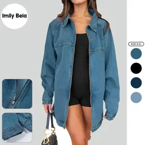 Imily Bela Womens Oversized Denim Jackets Casual Zip up Spring Long Sleeve Jean Jacket with Pocket