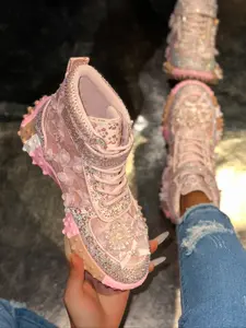 Women's High-Top Casual Shoes, Sneaker, Handmade Pearl Flower Design, Sparkling Rhinestones, Fashionable Thick Sole, All Seasons Party Outdoors