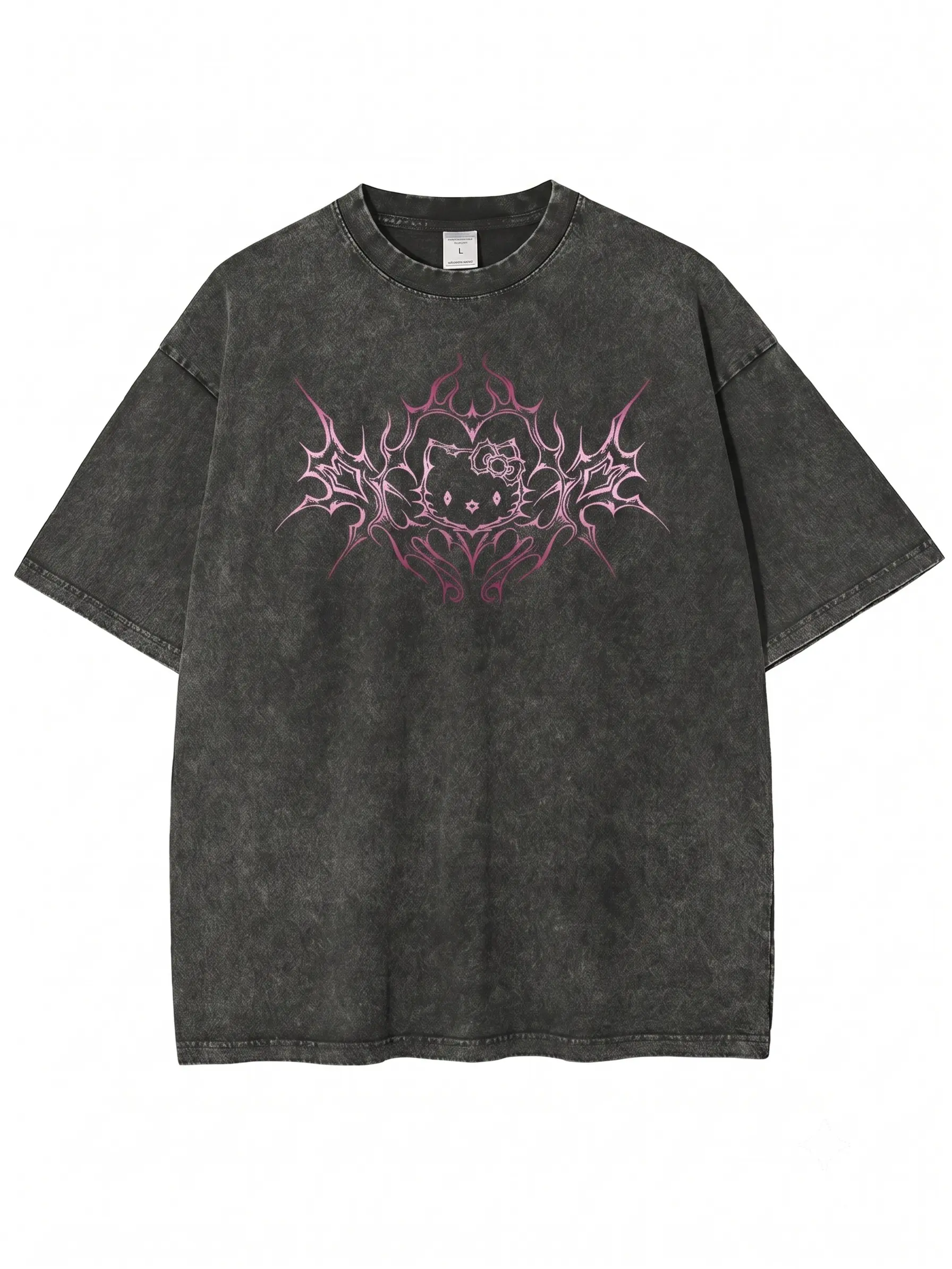 Men's Oversized Y2K Pink Tribal Kitty Graphic Vintage 90s Short-Sleeve Tee, Streetwear & Vacation Outfits Top