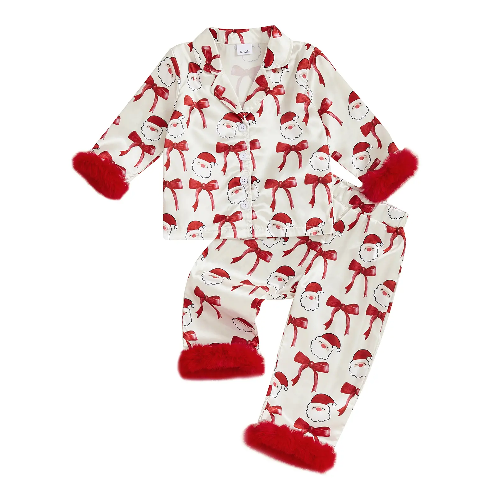 Kids Christmas Pajamas Toddler Girl Santa Feather Trim Button Down Tops Pants Girls Bow Sleepwear Silk Satin Pjs Set